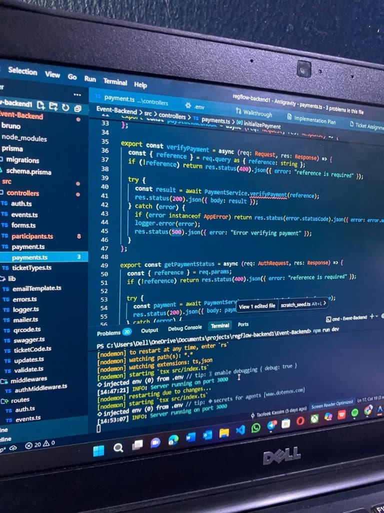 Backend engineering — code editor showing payment controllers